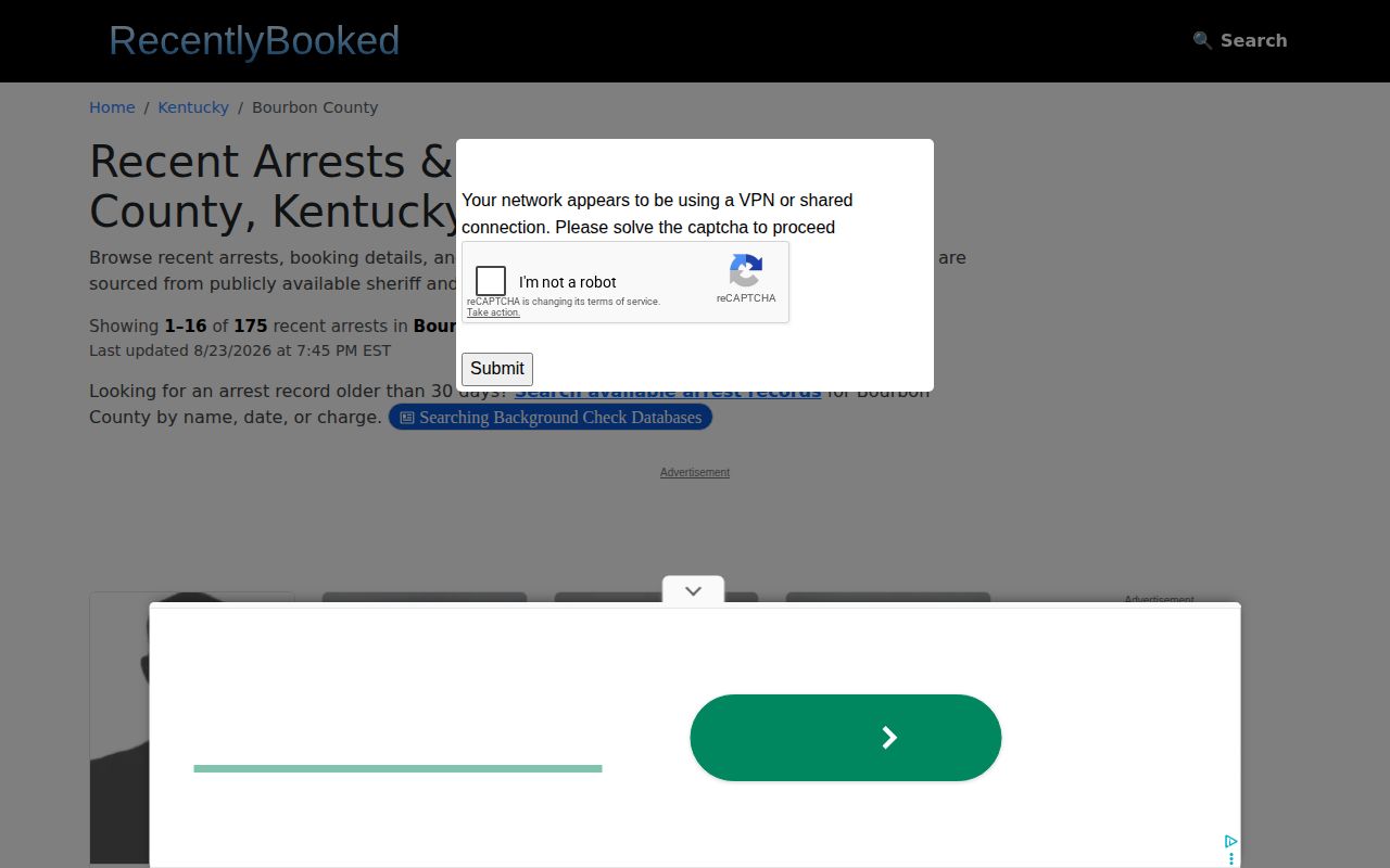 Unofficial RecentlyBooked Bourbon County arrest news index interface